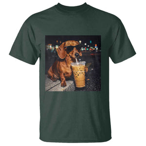 Cool Dachshund Drinking Iced Coffee Graphic T Shirt Funny Wiener Dog Night Vibes Aesthetic TS02 Dark Forest Green Print Your Wear