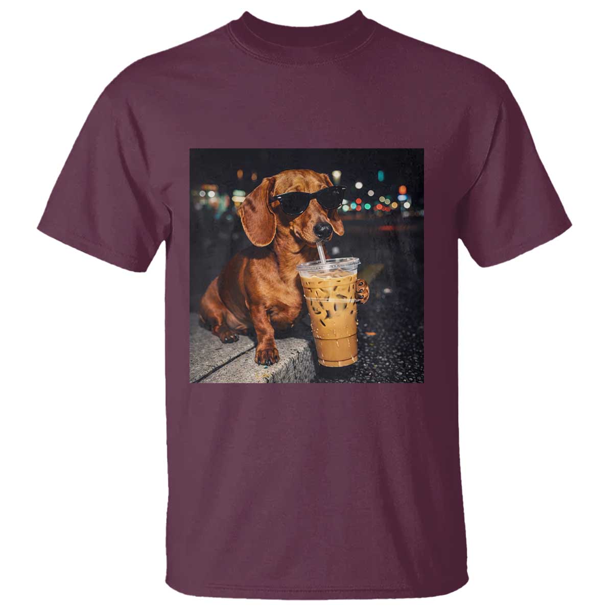 Cool Dachshund Drinking Iced Coffee Graphic T Shirt Funny Wiener Dog Night Vibes Aesthetic TS02 Maroon Print Your Wear