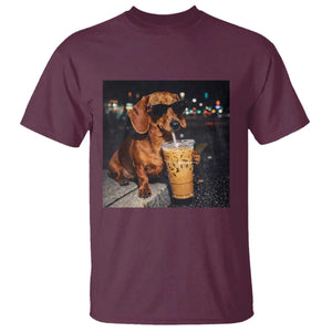 Cool Dachshund Drinking Iced Coffee Graphic T Shirt Funny Wiener Dog Night Vibes Aesthetic TS02 Maroon Print Your Wear