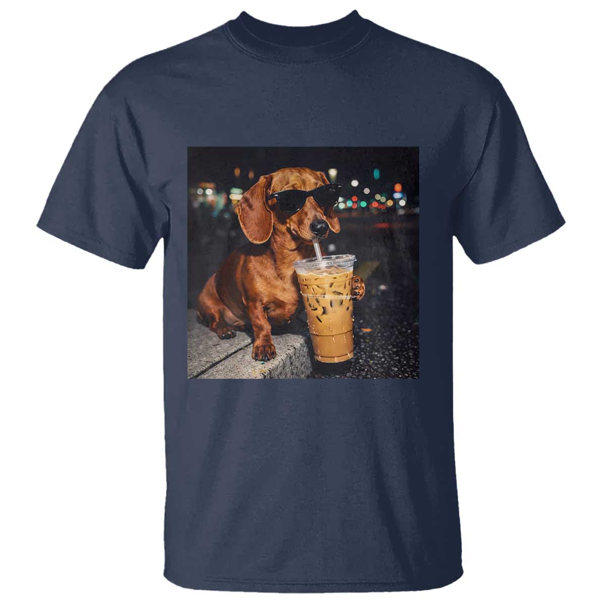 Cool Dachshund Drinking Iced Coffee Graphic T Shirt Funny Wiener Dog Night Vibes Aesthetic TS02 Navy Print Your Wear