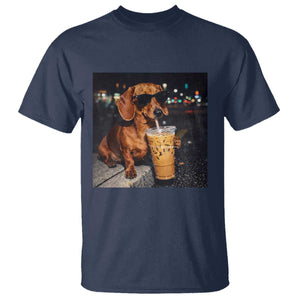 Cool Dachshund Drinking Iced Coffee Graphic T Shirt Funny Wiener Dog Night Vibes Aesthetic TS02 Navy Print Your Wear