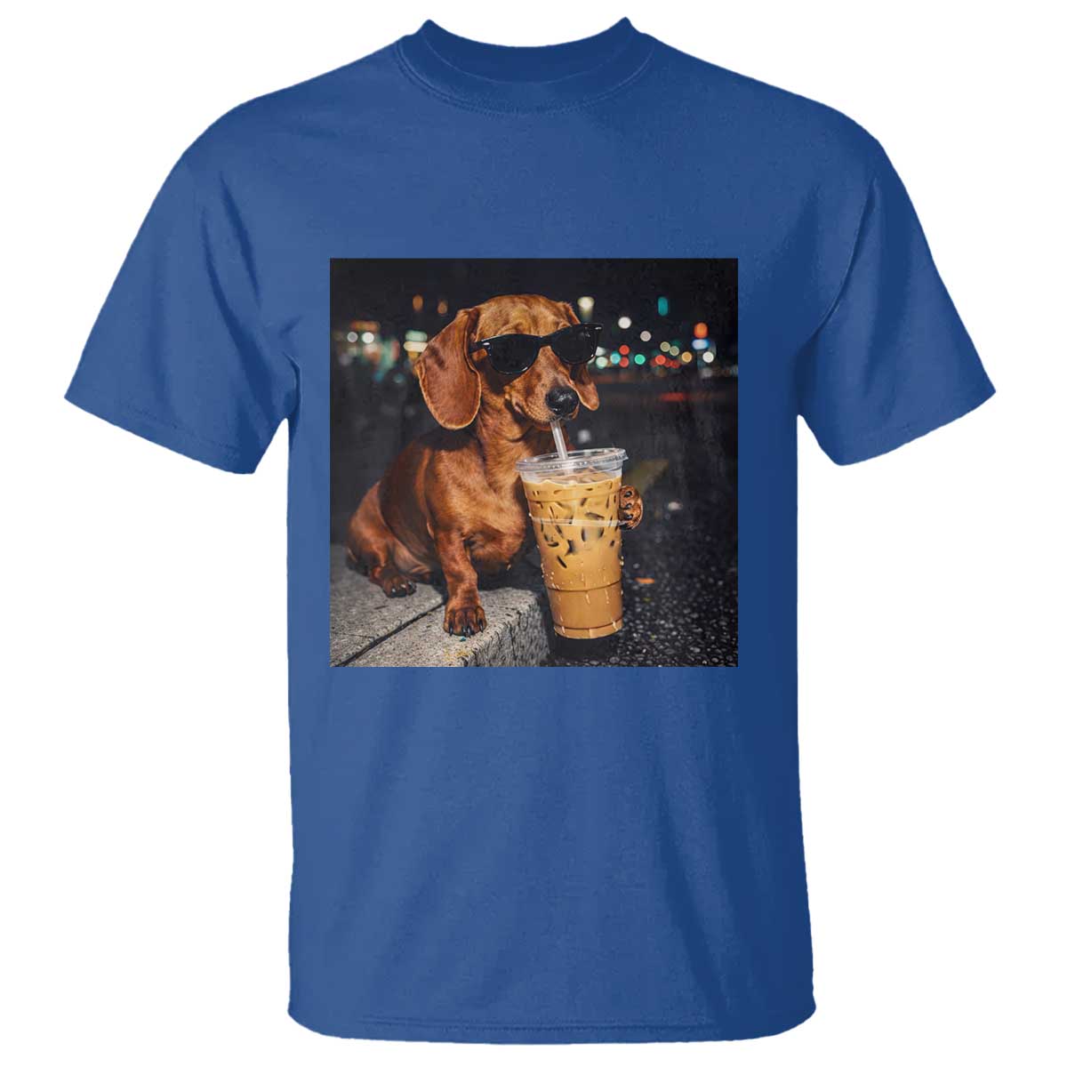 Cool Dachshund Drinking Iced Coffee Graphic T Shirt Funny Wiener Dog Night Vibes Aesthetic TS02 Royal Blue Print Your Wear