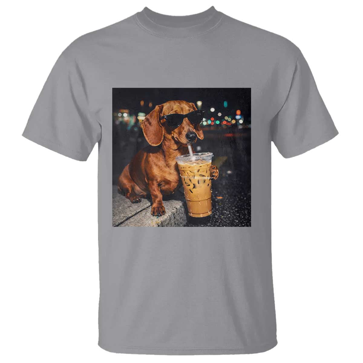 Cool Dachshund Drinking Iced Coffee Graphic T Shirt Funny Wiener Dog Night Vibes Aesthetic TS02 Sport Gray Print Your Wear