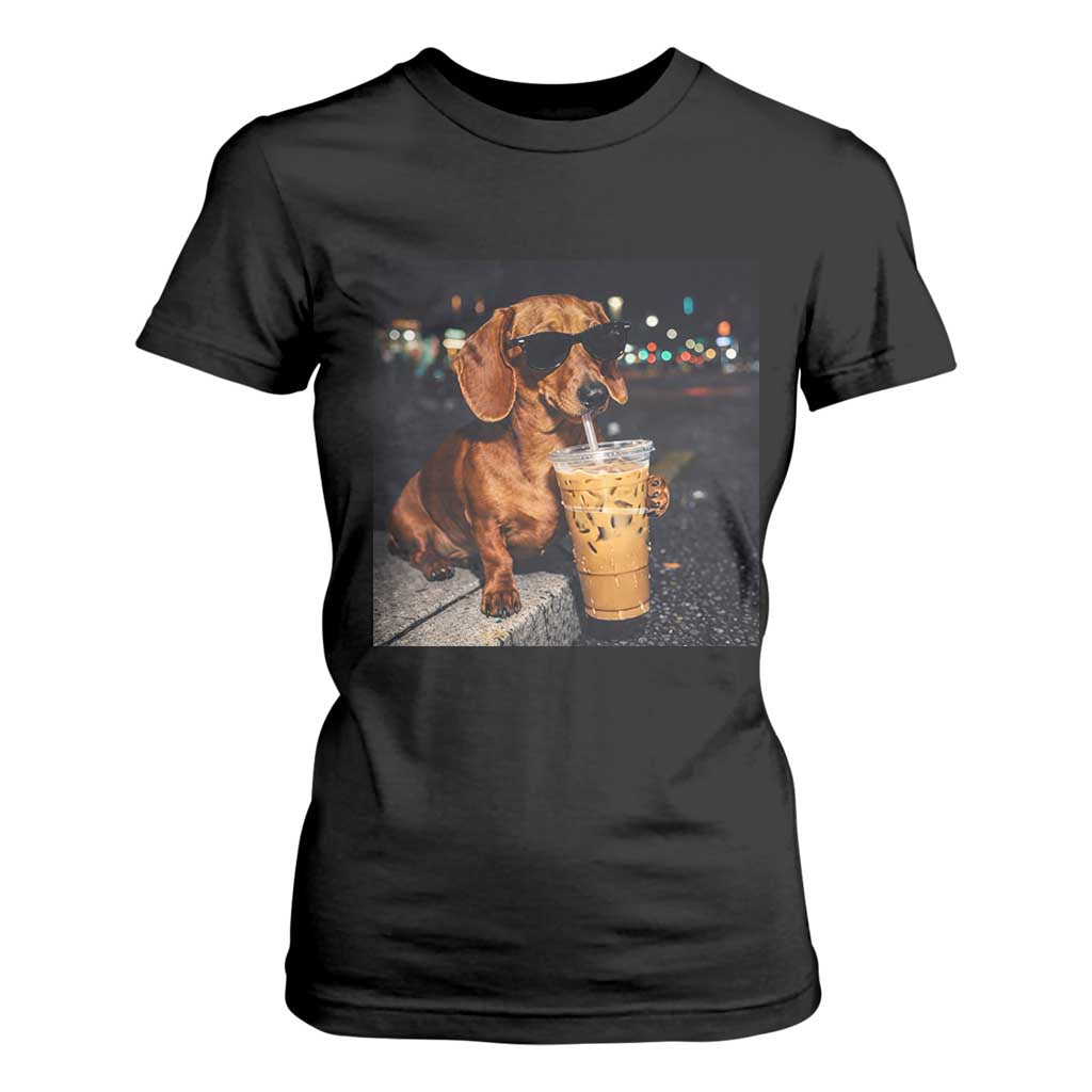 Cool Dachshund Drinking Iced Coffee Graphic T Shirt For Women Funny Wiener Dog Night Vibes Aesthetic TS02 Black Print Your Wear