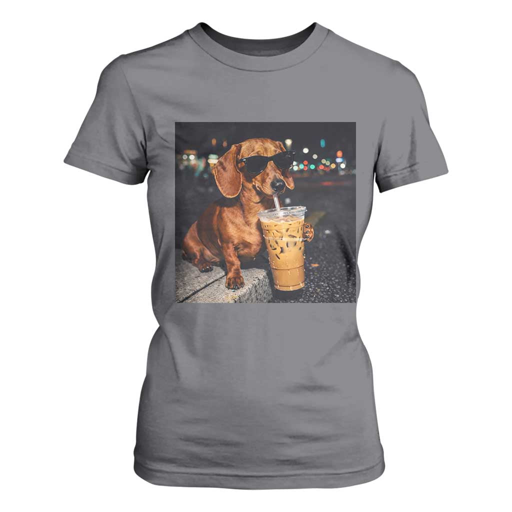 Cool Dachshund Drinking Iced Coffee Graphic T Shirt For Women Funny Wiener Dog Night Vibes Aesthetic TS02 Charcoal Print Your Wear