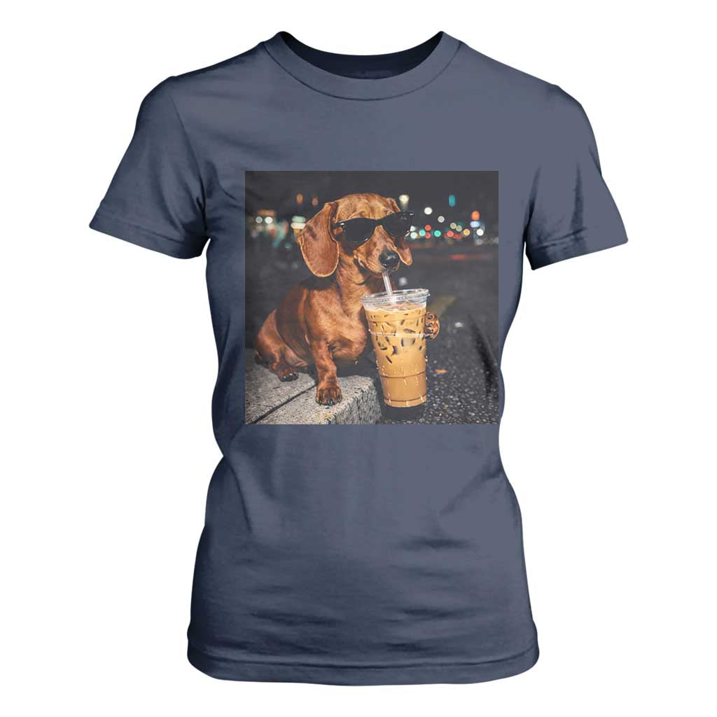 Cool Dachshund Drinking Iced Coffee Graphic T Shirt For Women Funny Wiener Dog Night Vibes Aesthetic TS02 Navy Print Your Wear