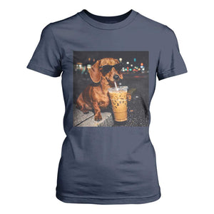 Cool Dachshund Drinking Iced Coffee Graphic T Shirt For Women Funny Wiener Dog Night Vibes Aesthetic TS02 Navy Print Your Wear