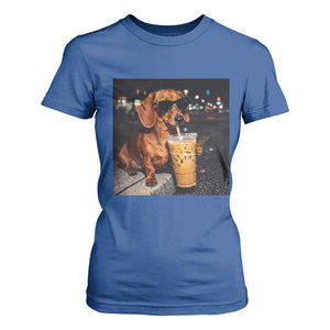 Cool Dachshund Drinking Iced Coffee Graphic T Shirt For Women Funny Wiener Dog Night Vibes Aesthetic TS02 Royal Blue Print Your Wear