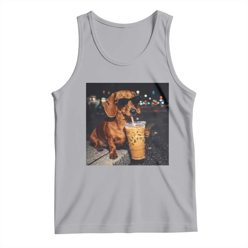 Cool Dachshund Drinking Iced Coffee Graphic Tank Top Funny Wiener Dog Night Vibes Aesthetic TS02 Athletic Heather Print Your Wear