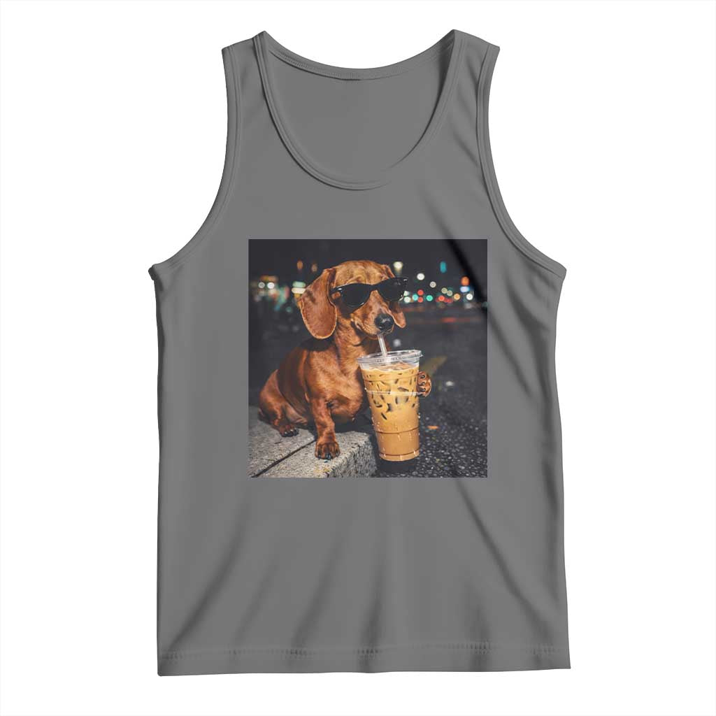 Cool Dachshund Drinking Iced Coffee Graphic Tank Top Funny Wiener Dog Night Vibes Aesthetic TS02 Black Heather Print Your Wear