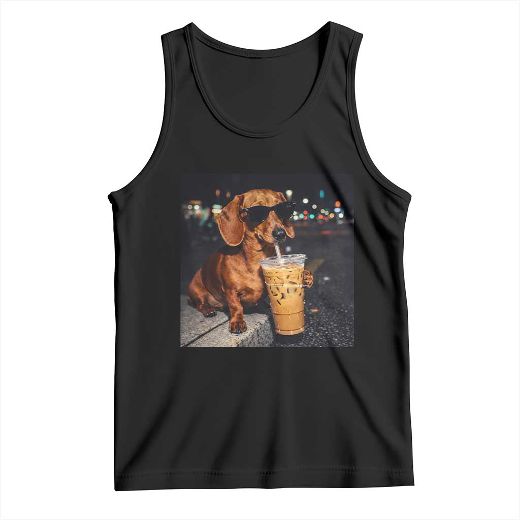 Cool Dachshund Drinking Iced Coffee Graphic Tank Top Funny Wiener Dog Night Vibes Aesthetic TS02 Black Print Your Wear