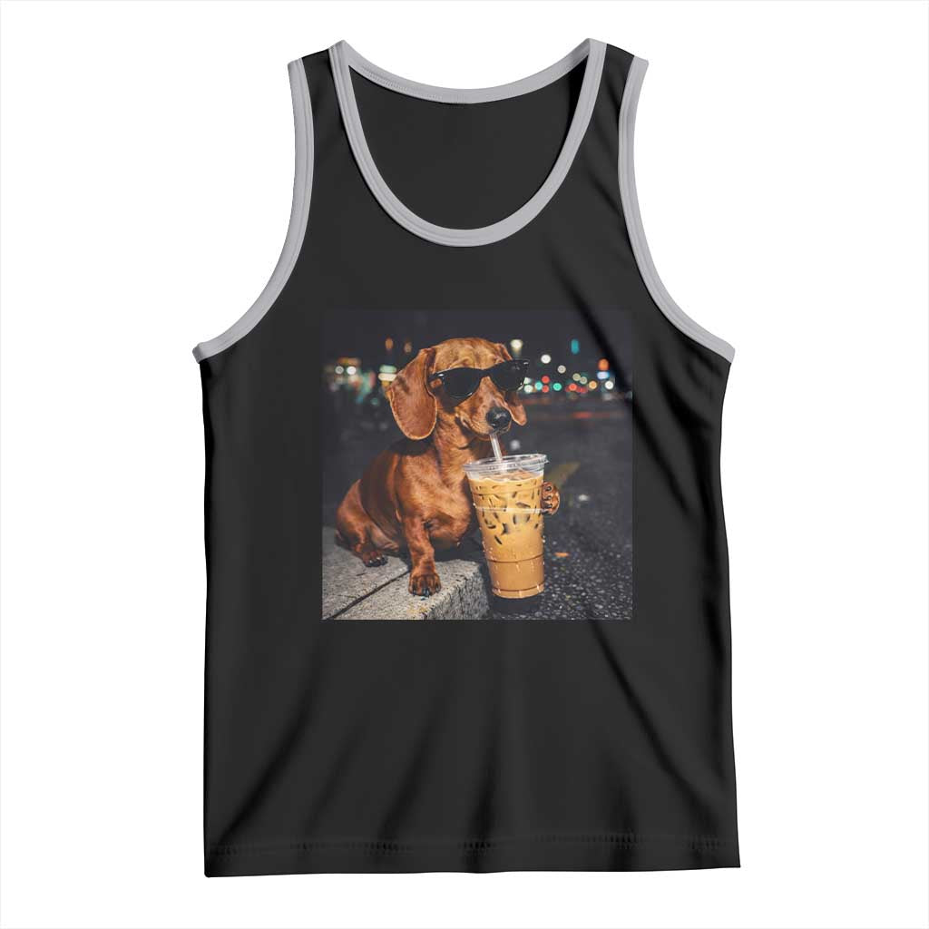Cool Dachshund Drinking Iced Coffee Graphic Tank Top Funny Wiener Dog Night Vibes Aesthetic TS02 Black Athletic Heather Print Your Wear