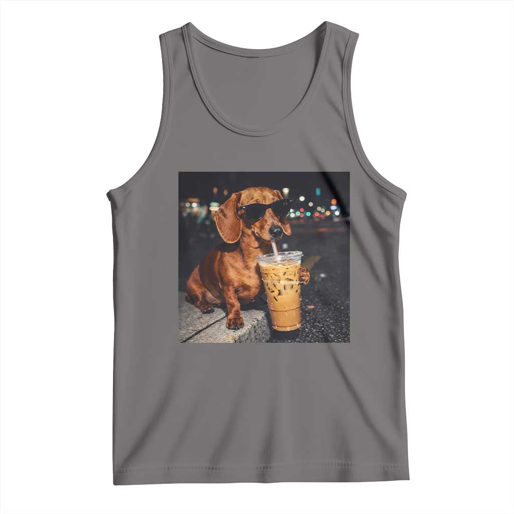 Cool Dachshund Drinking Iced Coffee Graphic Tank Top Funny Wiener Dog Night Vibes Aesthetic TS02 Deep Heather Print Your Wear