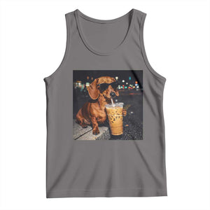 Cool Dachshund Drinking Iced Coffee Graphic Tank Top Funny Wiener Dog Night Vibes Aesthetic TS02 Deep Heather Print Your Wear