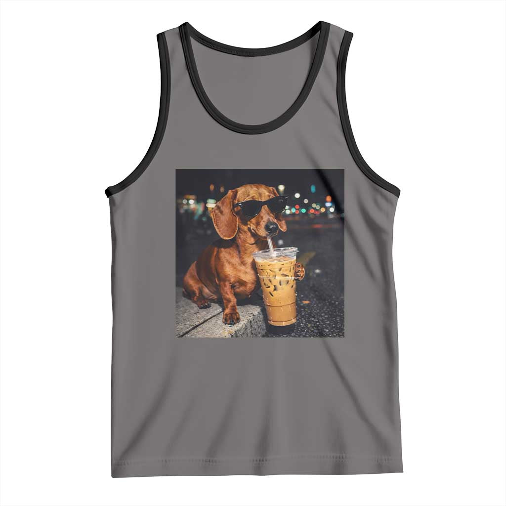Cool Dachshund Drinking Iced Coffee Graphic Tank Top Funny Wiener Dog Night Vibes Aesthetic TS02 Deep Heather Black Print Your Wear