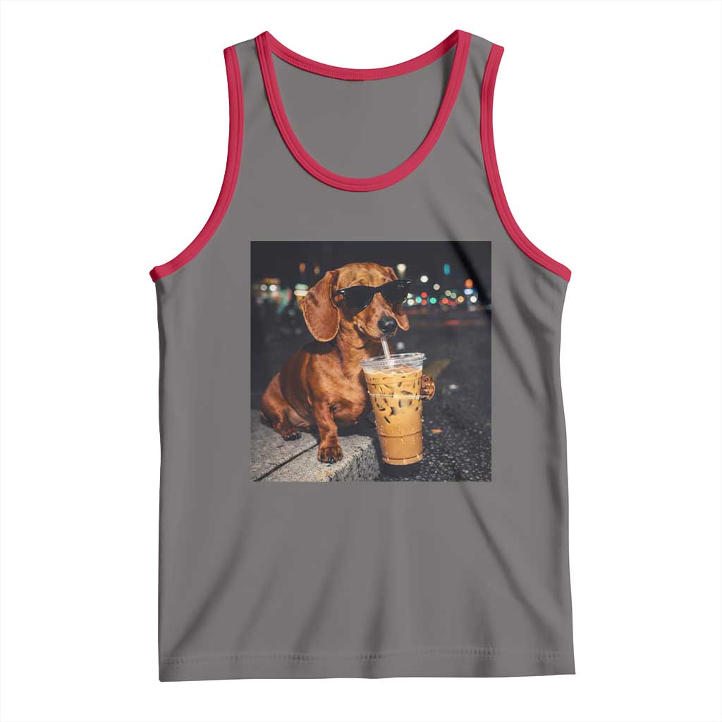 Cool Dachshund Drinking Iced Coffee Graphic Tank Top Funny Wiener Dog Night Vibes Aesthetic TS02 Deep Heather Red Print Your Wear