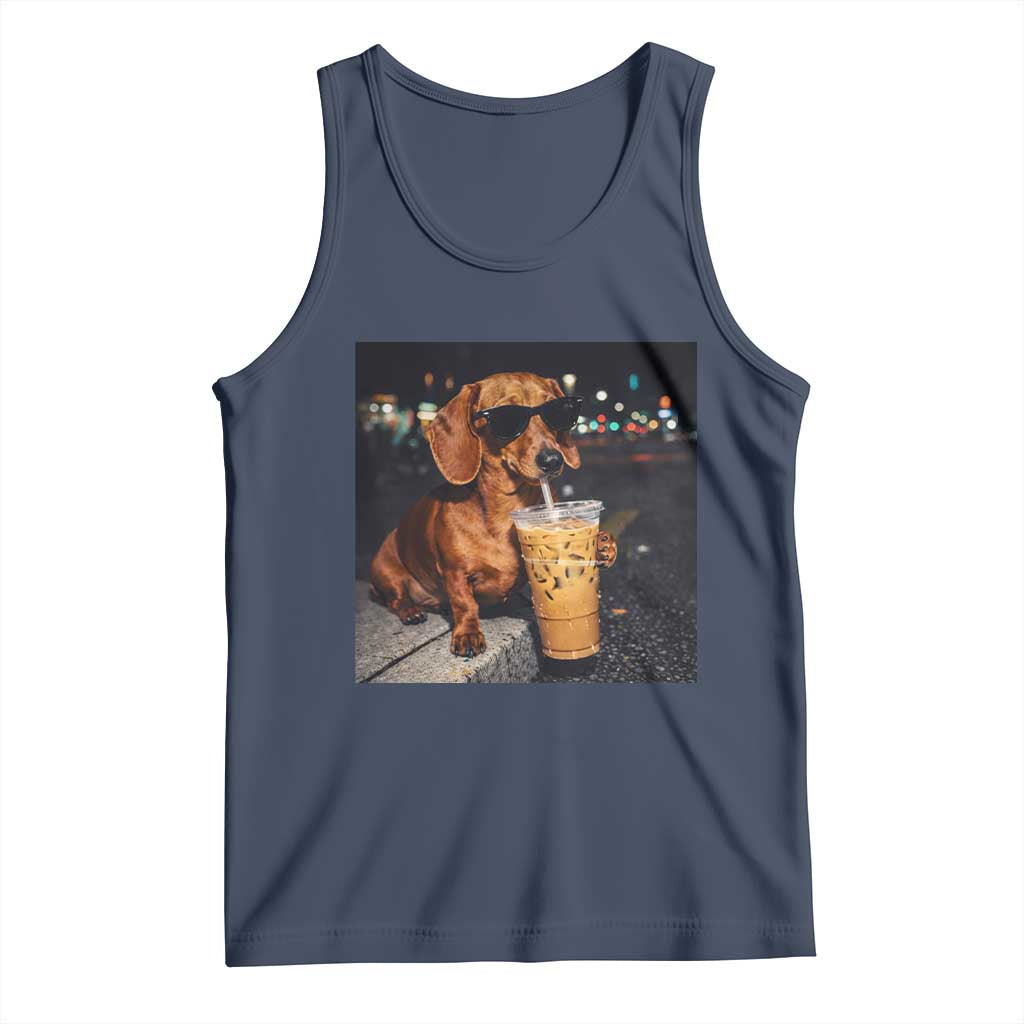 Cool Dachshund Drinking Iced Coffee Graphic Tank Top Funny Wiener Dog Night Vibes Aesthetic TS02 Navy Print Your Wear