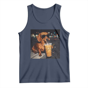 Cool Dachshund Drinking Iced Coffee Graphic Tank Top Funny Wiener Dog Night Vibes Aesthetic TS02 Navy Print Your Wear