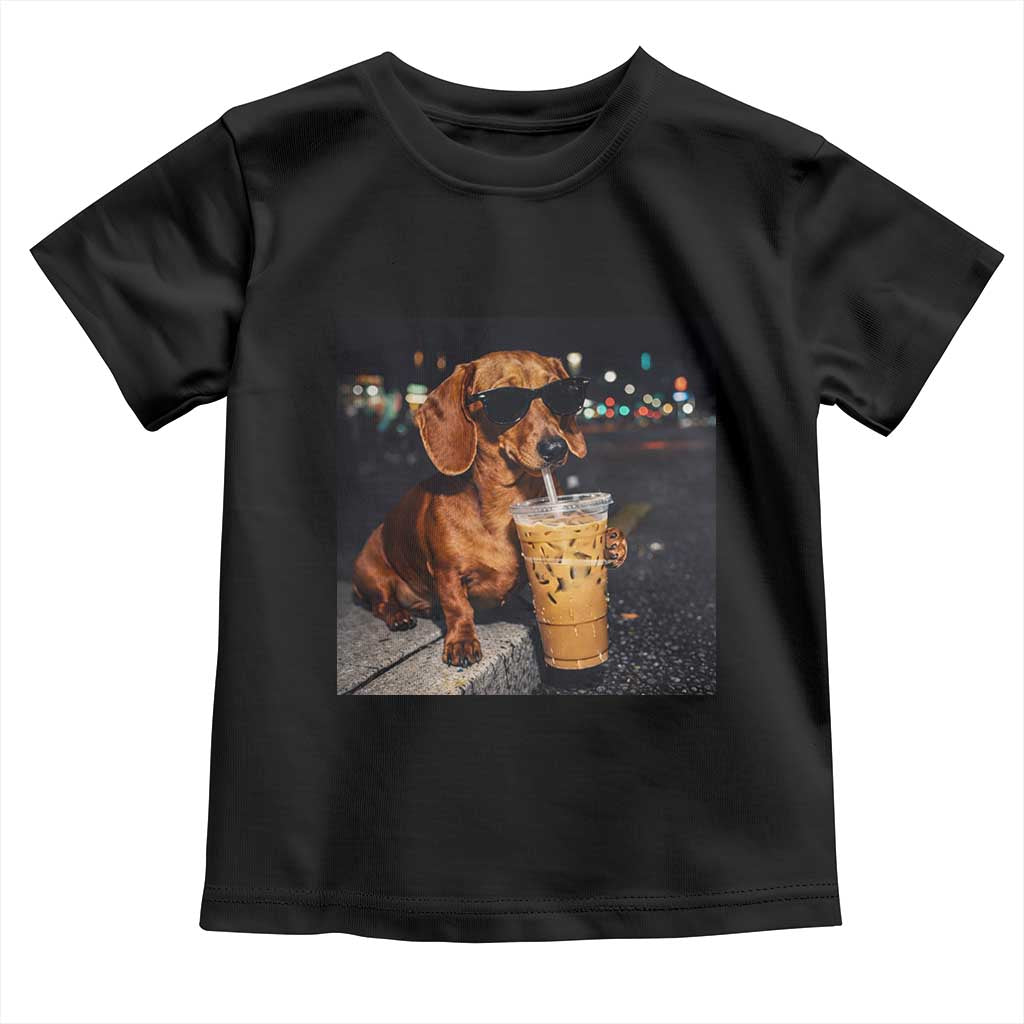 Cool Dachshund Drinking Iced Coffee Graphic Toddler T Shirt Funny Wiener Dog Night Vibes Aesthetic TS02 Black Print Your Wear
