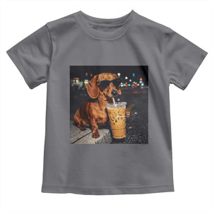 Cool Dachshund Drinking Iced Coffee Graphic Toddler T Shirt Funny Wiener Dog Night Vibes Aesthetic TS02 Charcoal Print Your Wear