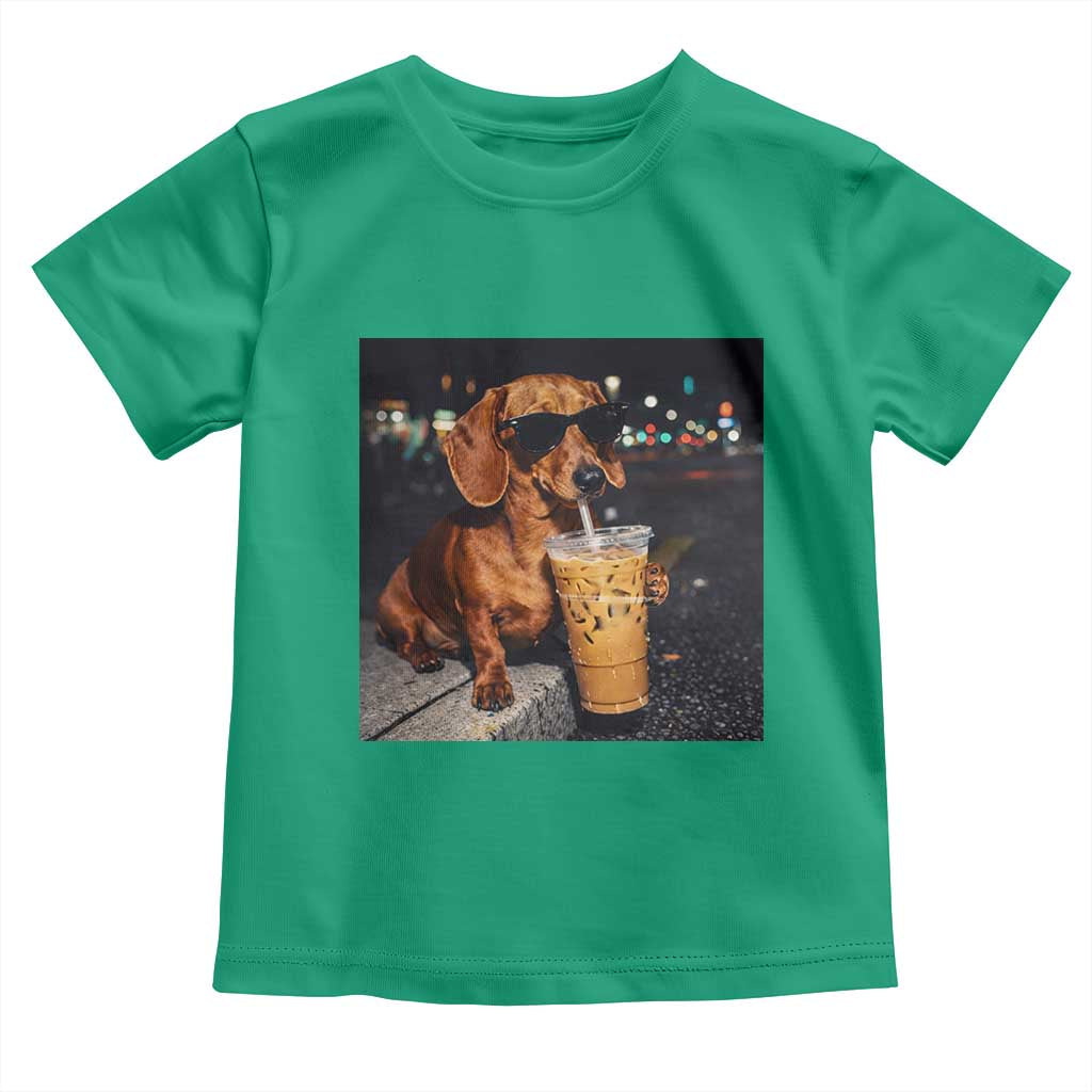 Cool Dachshund Drinking Iced Coffee Graphic Toddler T Shirt Funny Wiener Dog Night Vibes Aesthetic TS02 Irish Green Print Your Wear