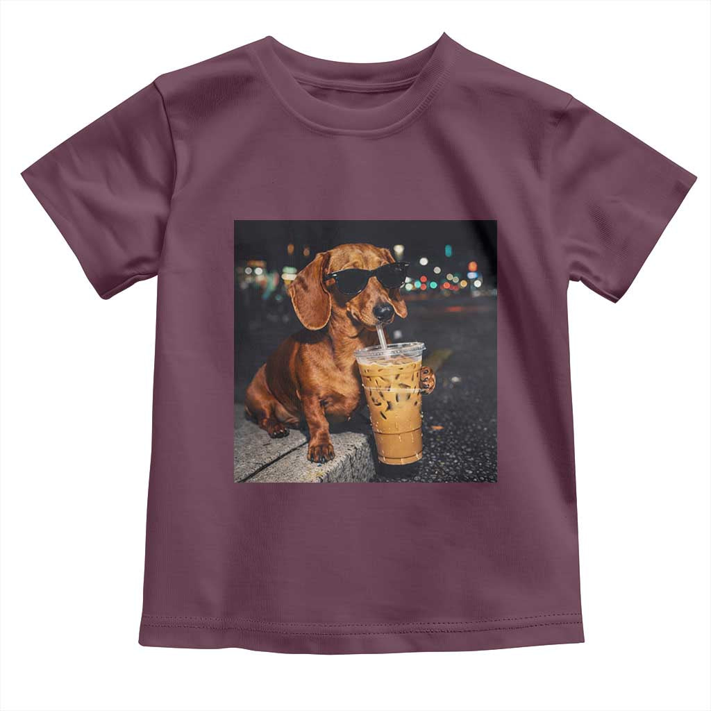 Cool Dachshund Drinking Iced Coffee Graphic Toddler T Shirt Funny Wiener Dog Night Vibes Aesthetic TS02 Maroon Print Your Wear