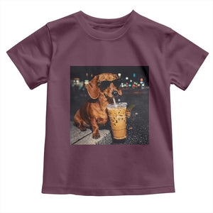 Cool Dachshund Drinking Iced Coffee Graphic Toddler T Shirt Funny Wiener Dog Night Vibes Aesthetic TS02 Maroon Print Your Wear