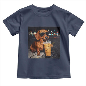 Cool Dachshund Drinking Iced Coffee Graphic Toddler T Shirt Funny Wiener Dog Night Vibes Aesthetic TS02 Navy Print Your Wear