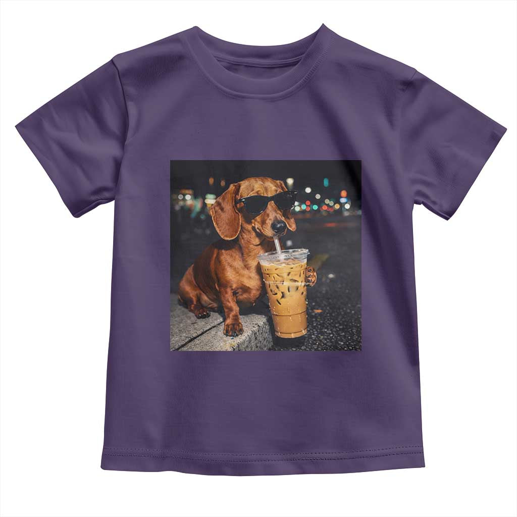 Cool Dachshund Drinking Iced Coffee Graphic Toddler T Shirt Funny Wiener Dog Night Vibes Aesthetic TS02 Purple Print Your Wear