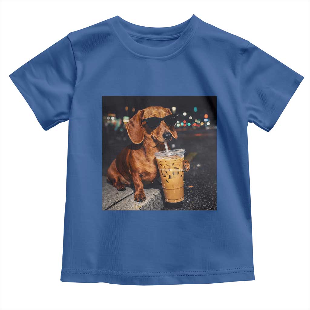 Cool Dachshund Drinking Iced Coffee Graphic Toddler T Shirt Funny Wiener Dog Night Vibes Aesthetic TS02 Royal Blue Print Your Wear