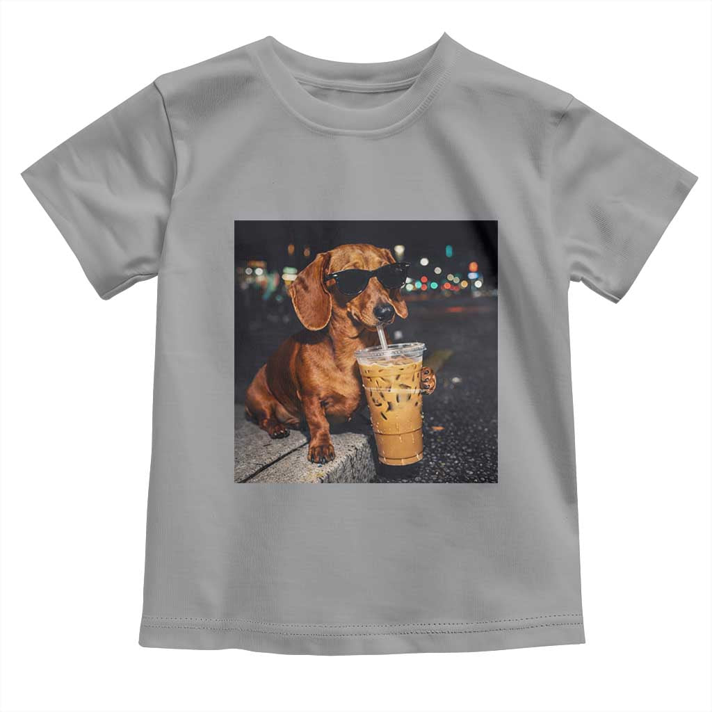 Cool Dachshund Drinking Iced Coffee Graphic Toddler T Shirt Funny Wiener Dog Night Vibes Aesthetic TS02 Sport Gray Print Your Wear