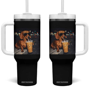 Cool Dachshund Drinking Iced Coffee Graphic Tumbler With Handle Funny Wiener Dog Night Vibes Aesthetic TS02 One Size: 40 oz Black Print Your Wear