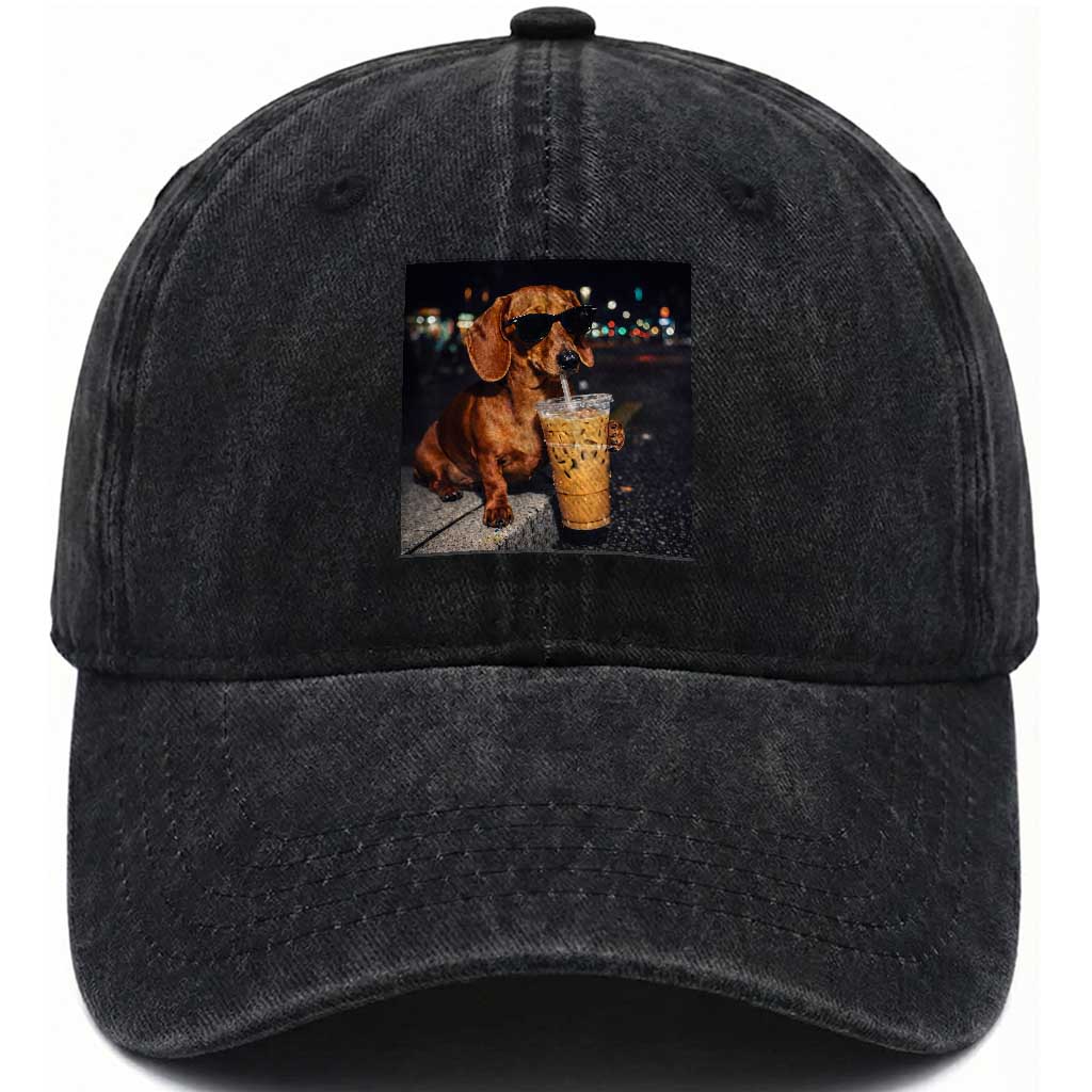 Cool Dachshund Drinking Iced Coffee Graphic Washed Cotton Baseball Cap Funny Wiener Dog Night Vibes Aesthetic TS02 Washed Cap Universal Fit Black Print Your Wear