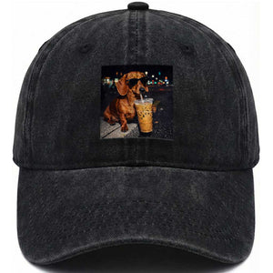 Cool Dachshund Drinking Iced Coffee Graphic Washed Cotton Baseball Cap Funny Wiener Dog Night Vibes Aesthetic TS02 Washed Cap Universal Fit Black Print Your Wear