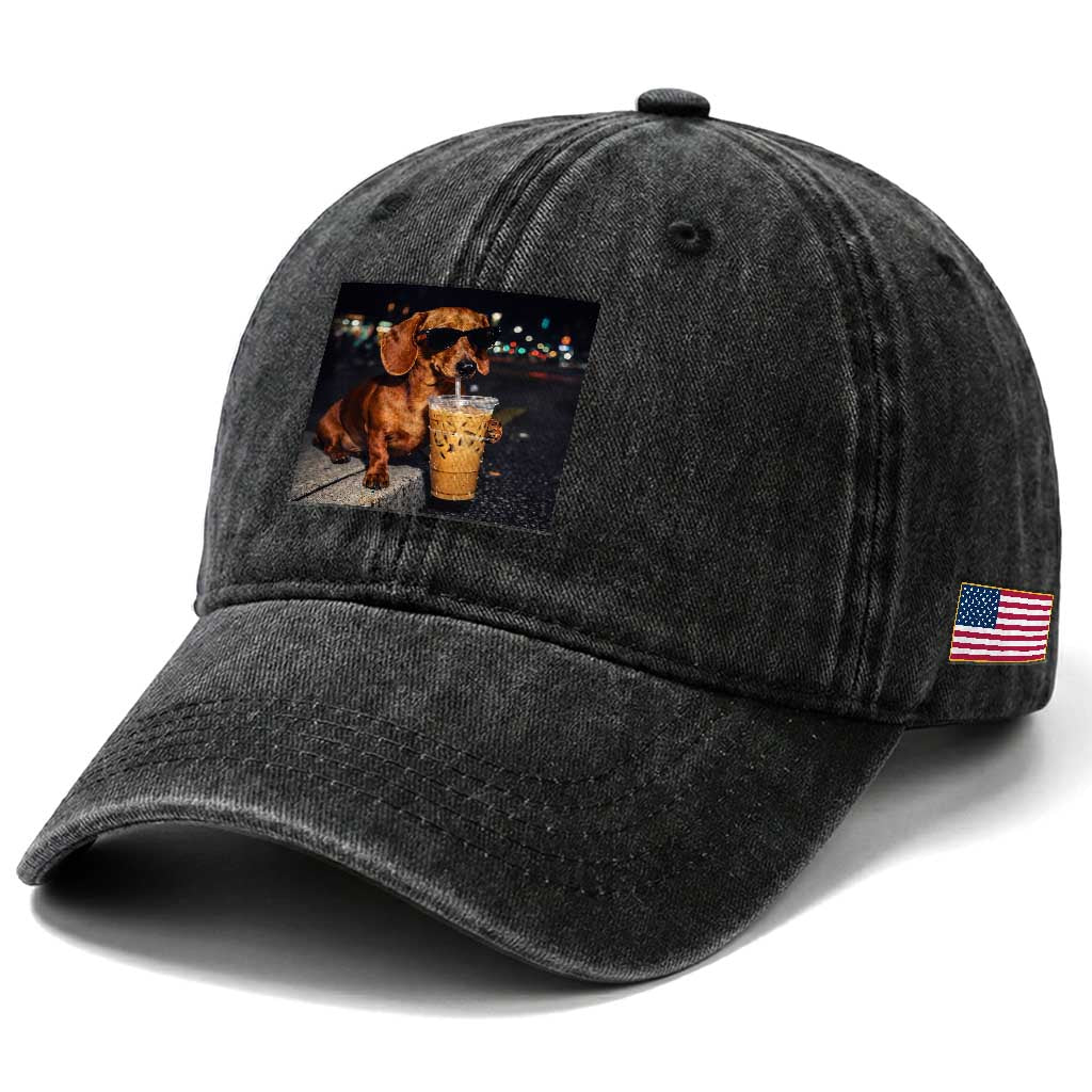 Cool Dachshund Drinking Iced Coffee Graphic Washed Cotton Baseball Cap Funny Wiener Dog Night Vibes Aesthetic TS02 Print Your Wear