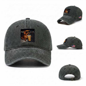 Cool Dachshund Drinking Iced Coffee Graphic Washed Cotton Baseball Cap Funny Wiener Dog Night Vibes Aesthetic TS02 Washed Cap Universal Fit Dark Green Print Your Wear
