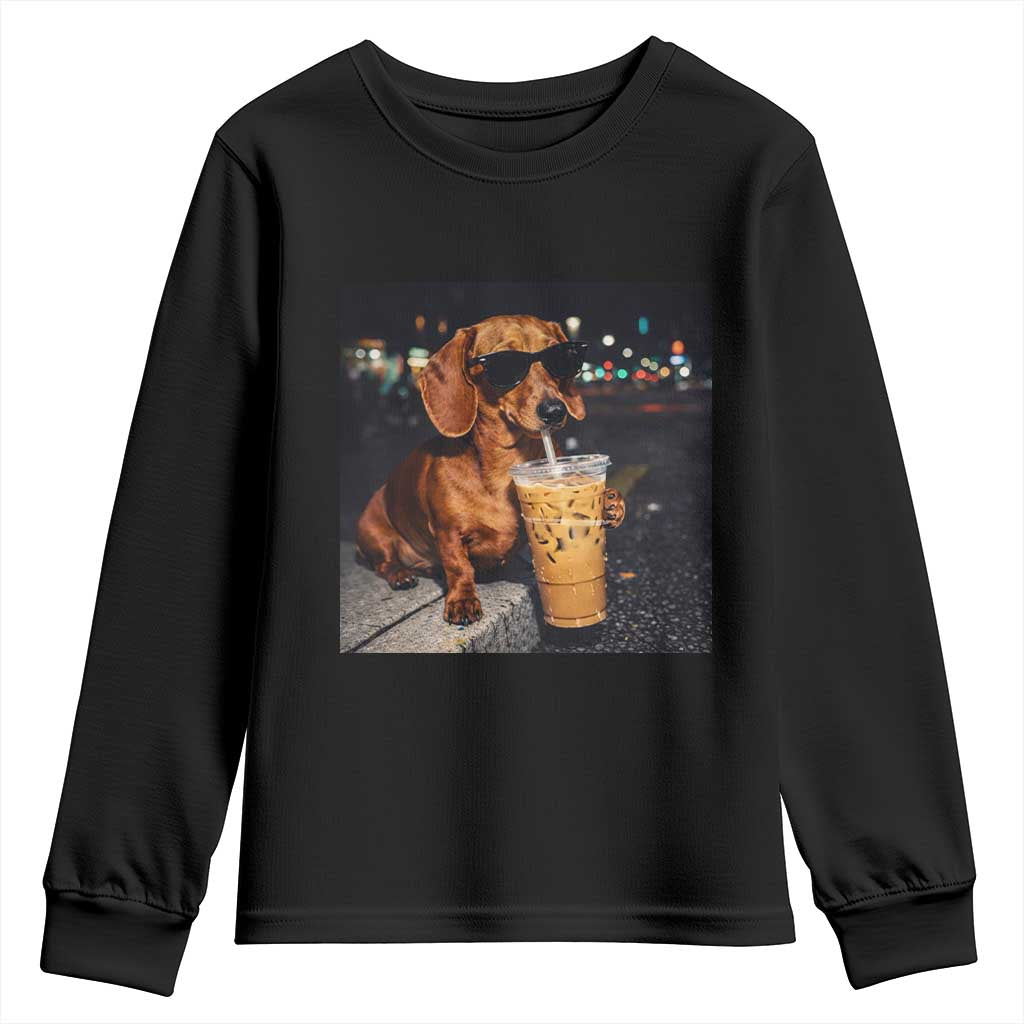 Cool Dachshund Drinking Iced Coffee Graphic Youth Sweatshirt Funny Wiener Dog Night Vibes Aesthetic TS02 Black Print Your Wear