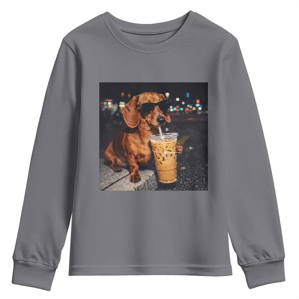 Cool Dachshund Drinking Iced Coffee Graphic Youth Sweatshirt Funny Wiener Dog Night Vibes Aesthetic TS02 Charcoal Print Your Wear
