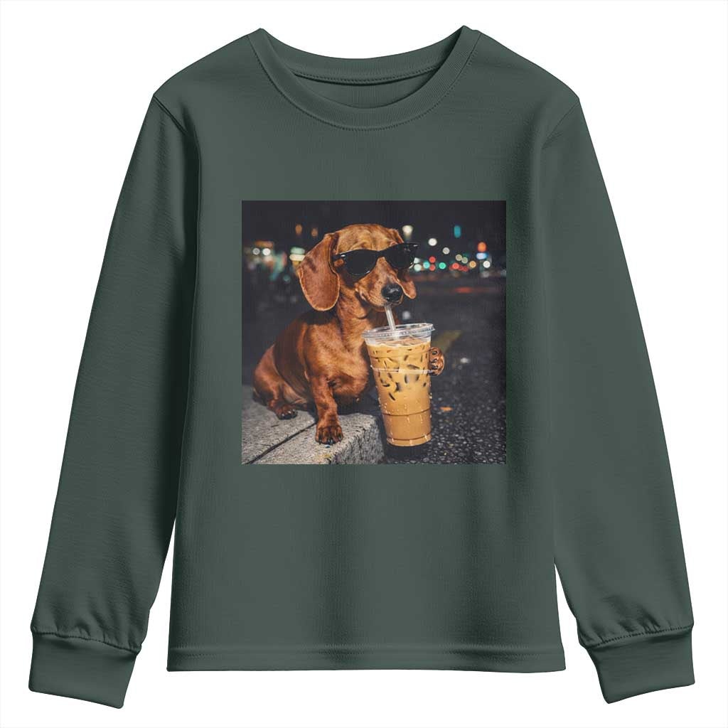 Cool Dachshund Drinking Iced Coffee Graphic Youth Sweatshirt Funny Wiener Dog Night Vibes Aesthetic TS02 Dark Forest Green Print Your Wear