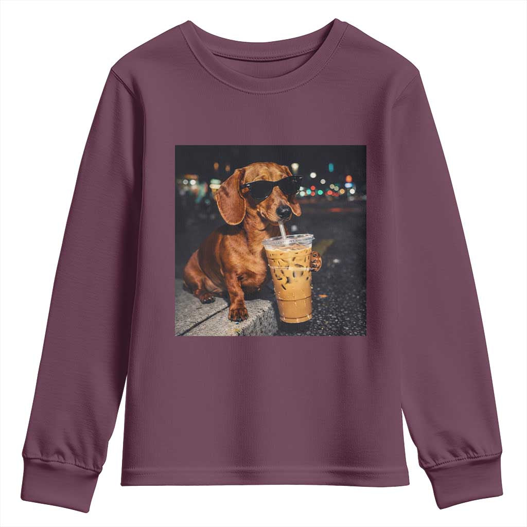 Cool Dachshund Drinking Iced Coffee Graphic Youth Sweatshirt Funny Wiener Dog Night Vibes Aesthetic TS02 Maroon Print Your Wear