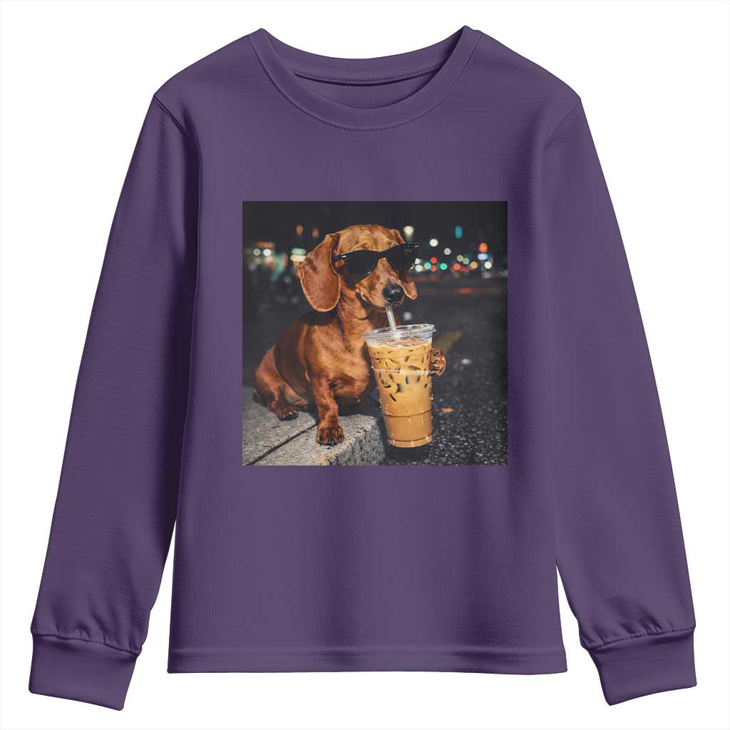 Cool Dachshund Drinking Iced Coffee Graphic Youth Sweatshirt Funny Wiener Dog Night Vibes Aesthetic TS02 Purple Print Your Wear