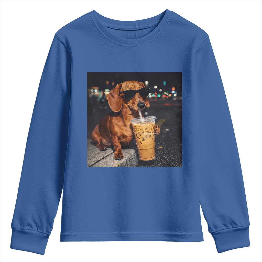 Cool Dachshund Drinking Iced Coffee Graphic Youth Sweatshirt Funny Wiener Dog Night Vibes Aesthetic TS02 Royal Blue Print Your Wear
