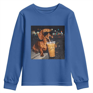 Cool Dachshund Drinking Iced Coffee Graphic Youth Sweatshirt Funny Wiener Dog Night Vibes Aesthetic TS02 Royal Blue Print Your Wear