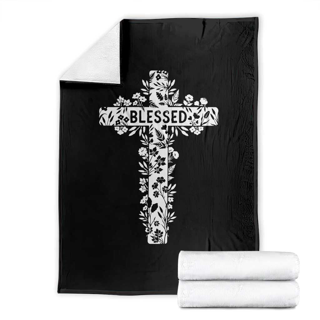 Blessed Floral Cross Christian Graphic Throw Blanket Faith Inspired Minimalist Scripture TS02 Black Print Your Wear
