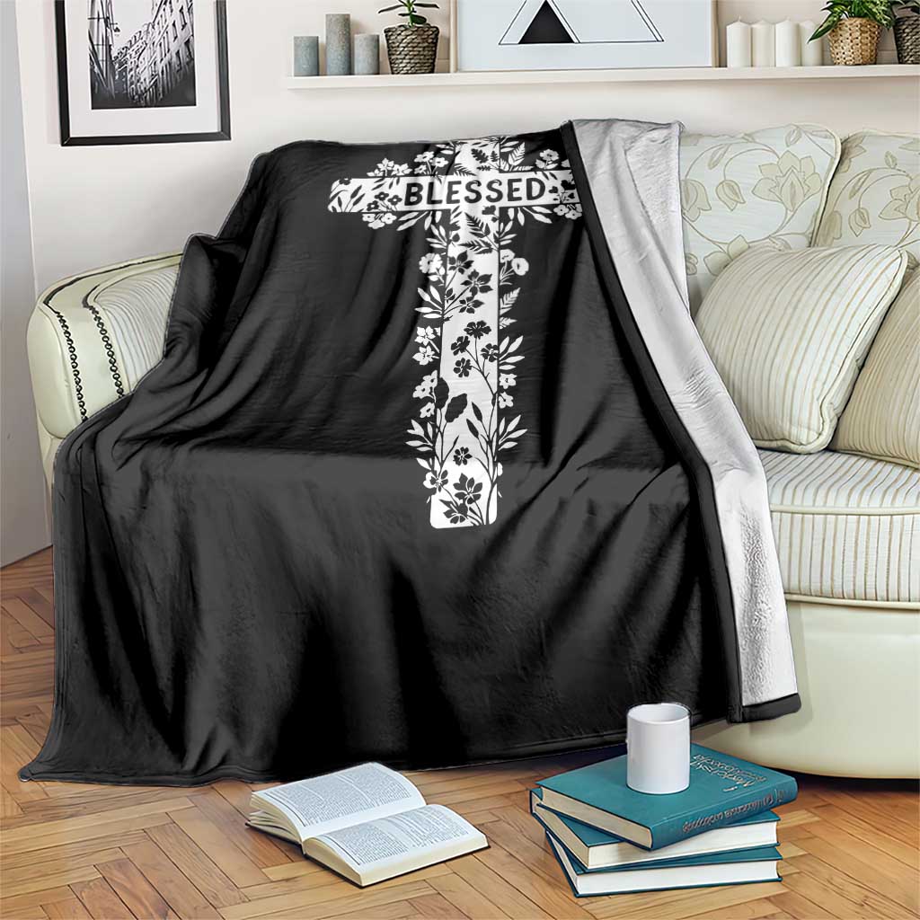 Blessed Floral Cross Christian Graphic Throw Blanket Faith Inspired Minimalist Scripture TS02 Print Your Wear