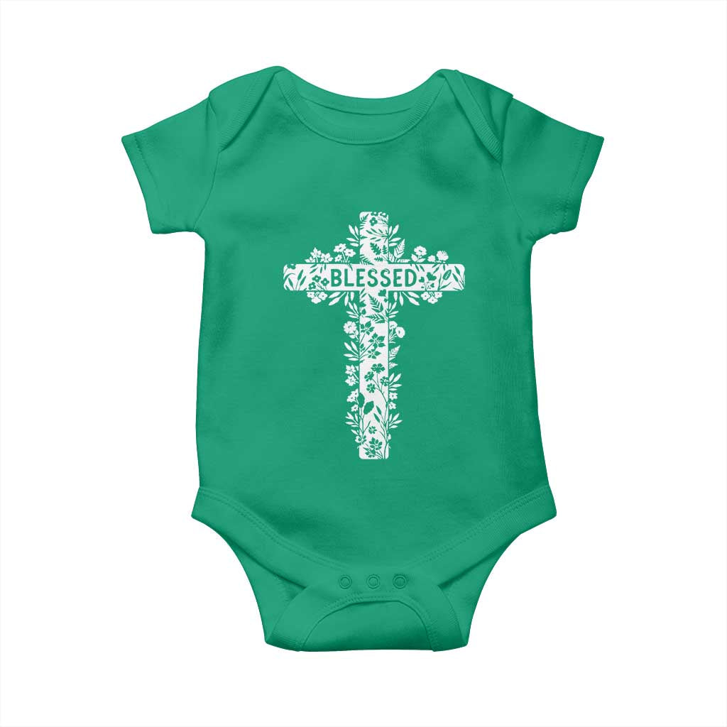 Blessed Floral Cross Christian Graphic Baby Onesie Faith Inspired Minimalist Scripture