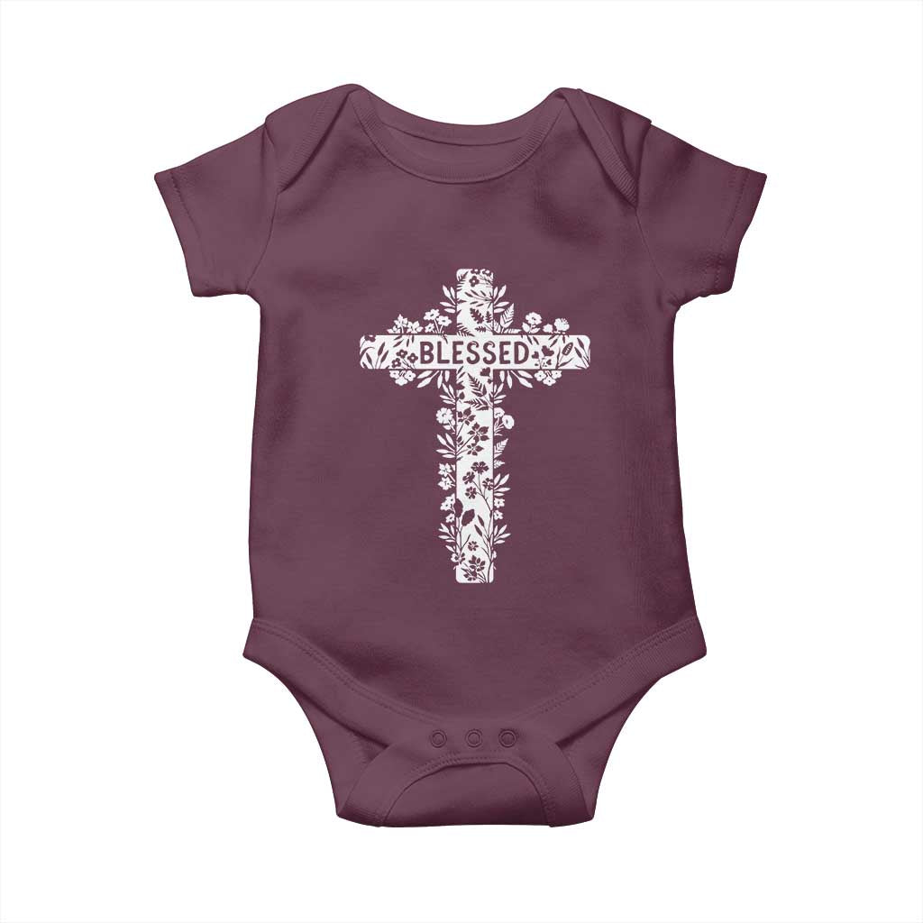 Blessed Floral Cross Christian Graphic Baby Onesie Faith Inspired Minimalist Scripture