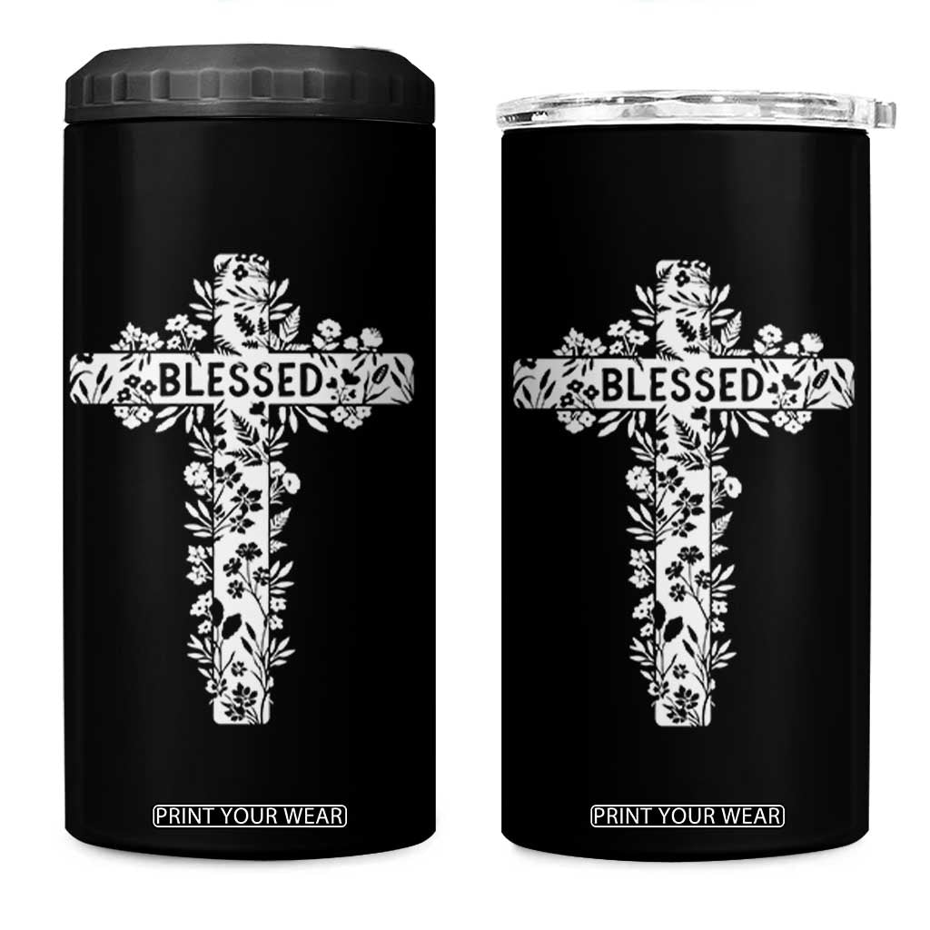 Blessed Floral Cross Christian Graphic 4 in 1 Can Cooler Tumbler Faith Inspired Minimalist Scripture TS02 One Size: 16 oz Black Print Your Wear