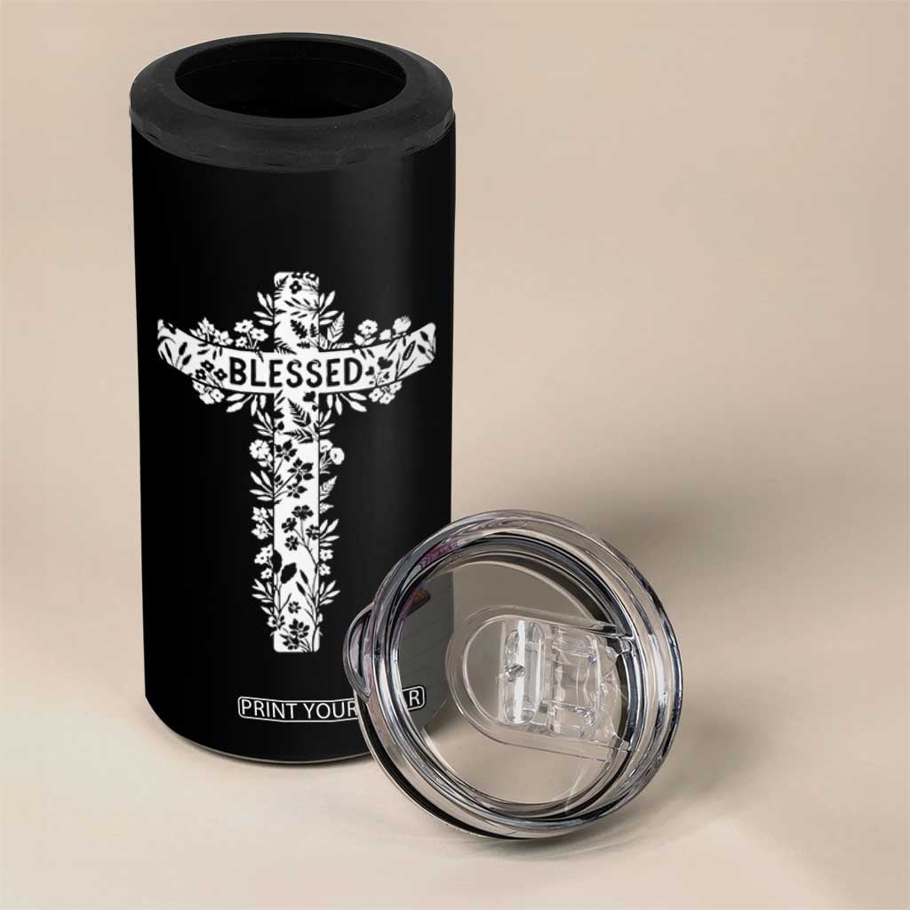 Blessed Floral Cross Christian Graphic 4 in 1 Can Cooler Tumbler Faith Inspired Minimalist Scripture TS02 Print Your Wear