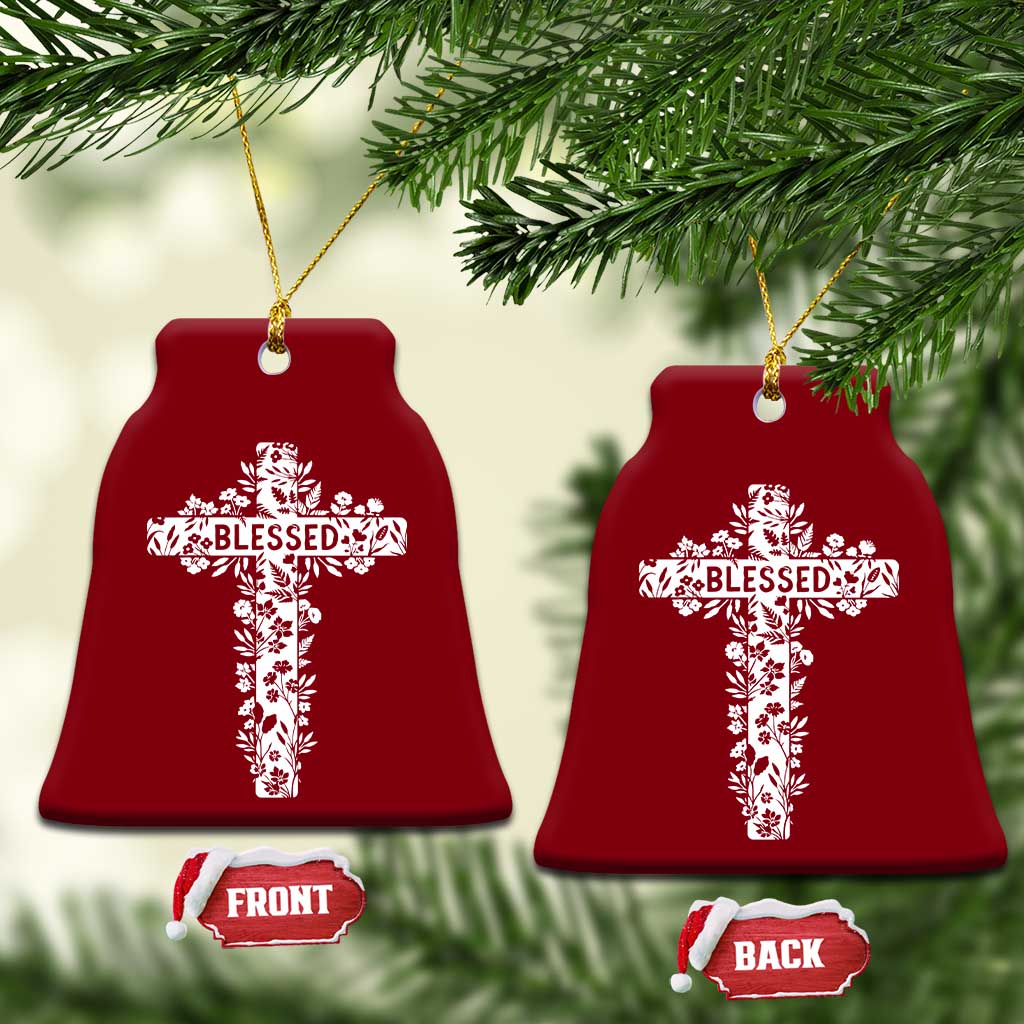 Blessed Floral Cross Christian Graphic Ceramic Ornament Faith Inspired Minimalist Scripture TS02 Print Your Wear